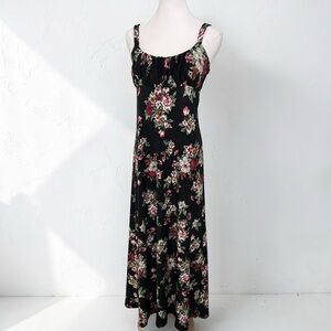 Vintage 90s Black Floral Midi Dress Cottagecore Grunge Slip S